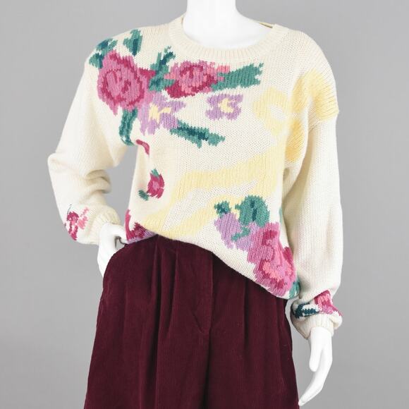 Vintage Cream Floral Cottagecore Chunky Knit Sweater NWT Women's Medium - Picture 2 of 10